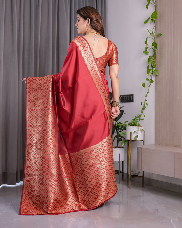 Brick Red Pure Kanjivaram Silk Saree with Golden Jacquard Weaving & Designer Blouse | 5.5m Saree + 0.8m Blouse Piece