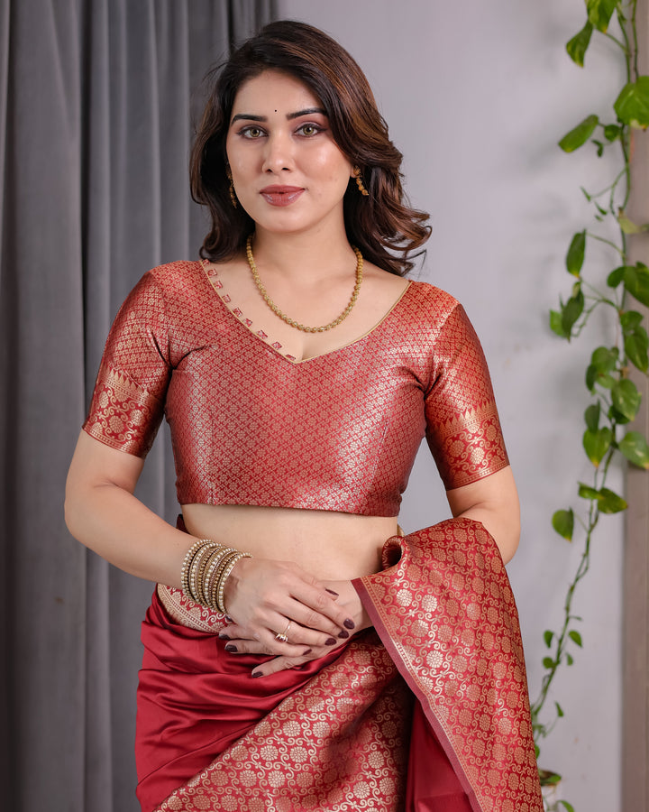 Brick Red Pure Kanjivaram Silk Saree with Golden Jacquard Weaving & Designer Blouse | 5.5m Saree + 0.8m Blouse Piece