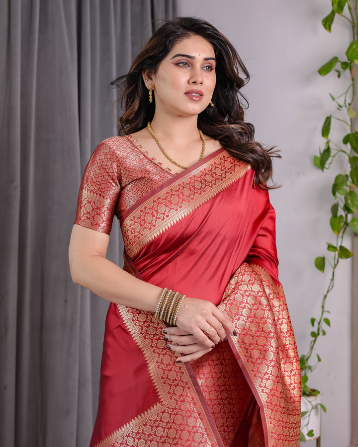 Brick Red Pure Kanjivaram Silk Saree with Golden Jacquard Weaving & Designer Blouse | 5.5m Saree + 0.8m Blouse Piece