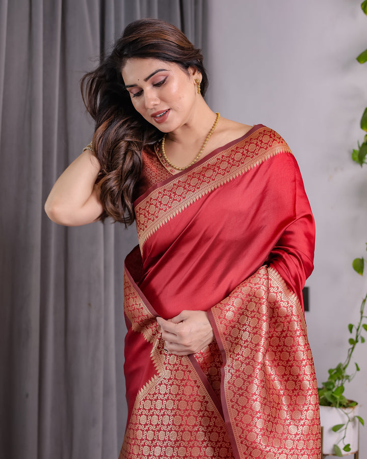 Brick Red Pure Kanjivaram Silk Saree with Golden Jacquard Weaving & Designer Blouse | 5.5m Saree + 0.8m Blouse Piece