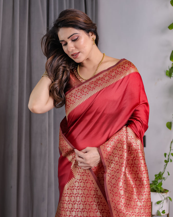 Brick Red Pure Kanjivaram Silk Saree with Golden Jacquard Weaving & Designer Blouse | 5.5m Saree + 0.8m Blouse Piece