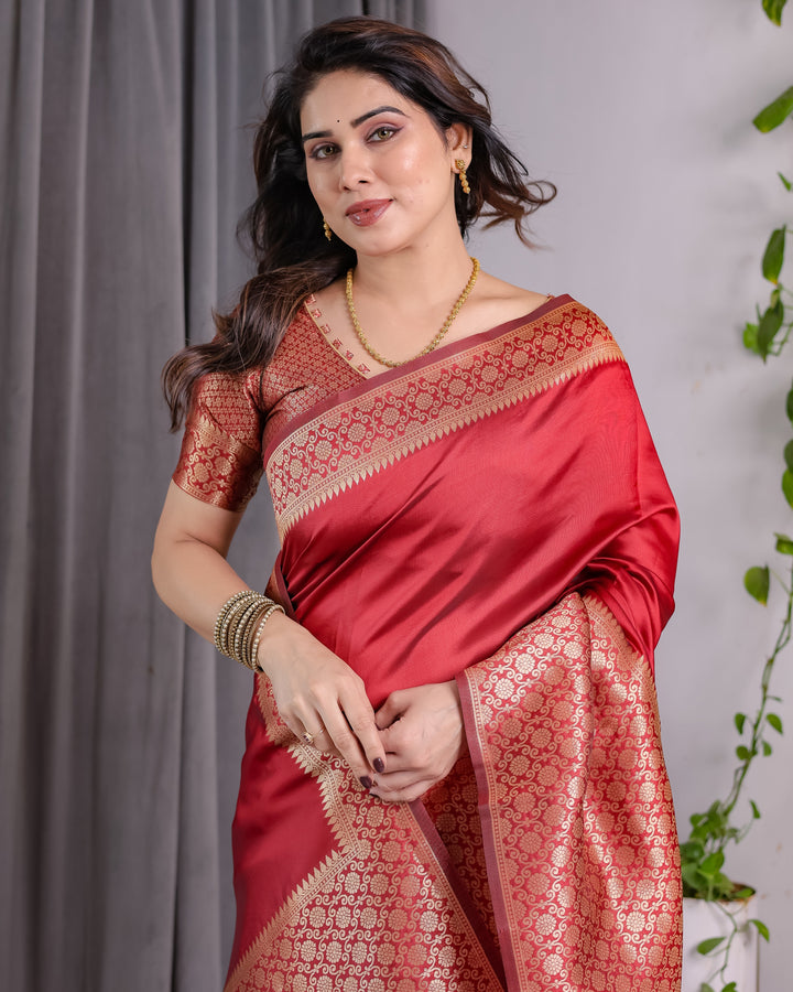 Brick Red Pure Kanjivaram Silk Saree with Golden Jacquard Weaving & Designer Blouse | 5.5m Saree + 0.8m Blouse Piece
