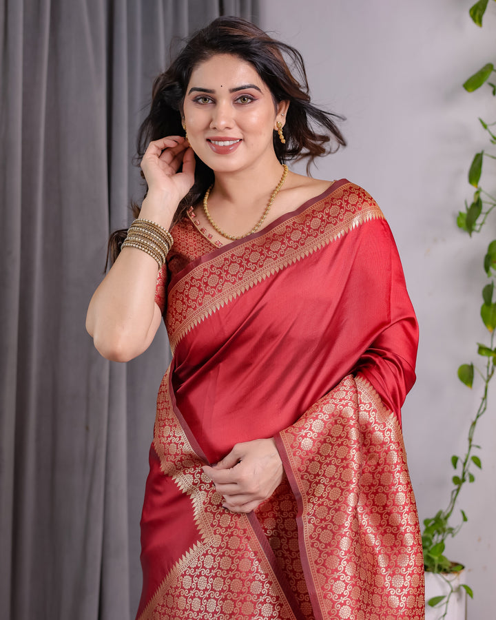 Brick Red Pure Kanjivaram Silk Saree with Golden Jacquard Weaving & Designer Blouse | 5.5m Saree + 0.8m Blouse Piece