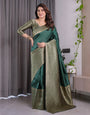 Bottle Green Pure Kanjivaram Silk Saree with All-Over Golden Jacquard Weaving & Designer Blouse | 5.5m Saree + 0.8m Blouse Piece