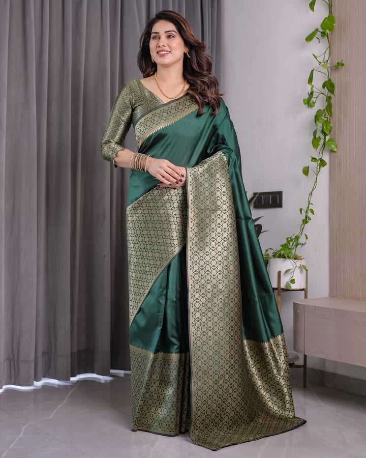 Bottle Green Pure Kanjivaram Silk Saree with All-Over Golden Jacquard Weaving & Designer Blouse | 5.5m Saree + 0.8m Blouse Piece