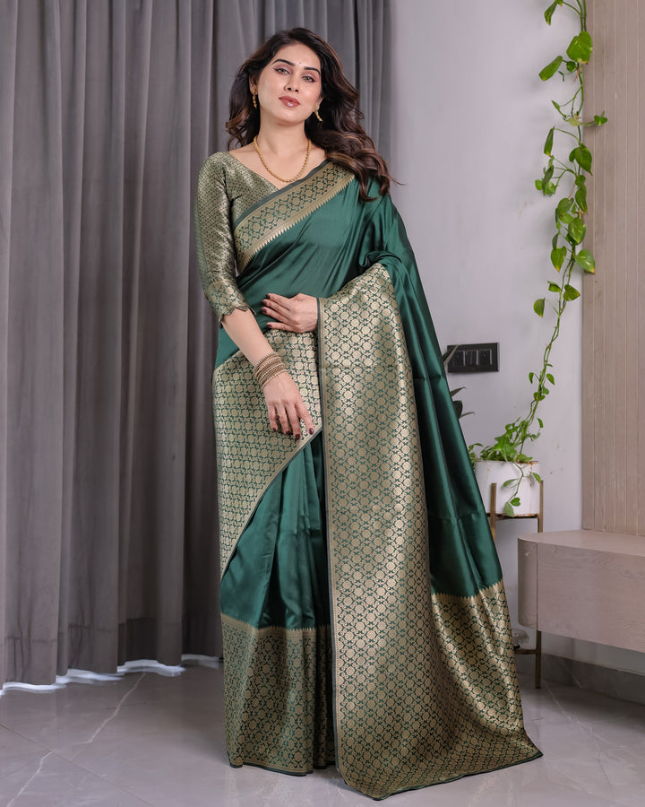 Bottle Green Pure Kanjivaram Silk Saree with All-Over Golden Jacquard Weaving & Designer Blouse | 5.5m Saree + 0.8m Blouse Piece