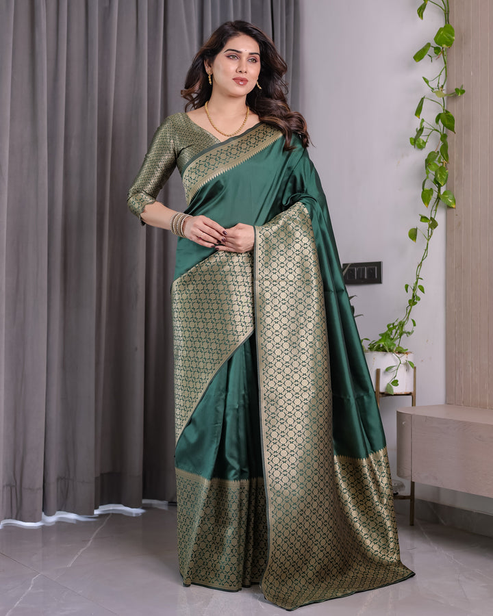 Bottle Green Pure Kanjivaram Silk Saree with All-Over Golden Jacquard Weaving & Designer Blouse | 5.5m Saree + 0.8m Blouse Piece