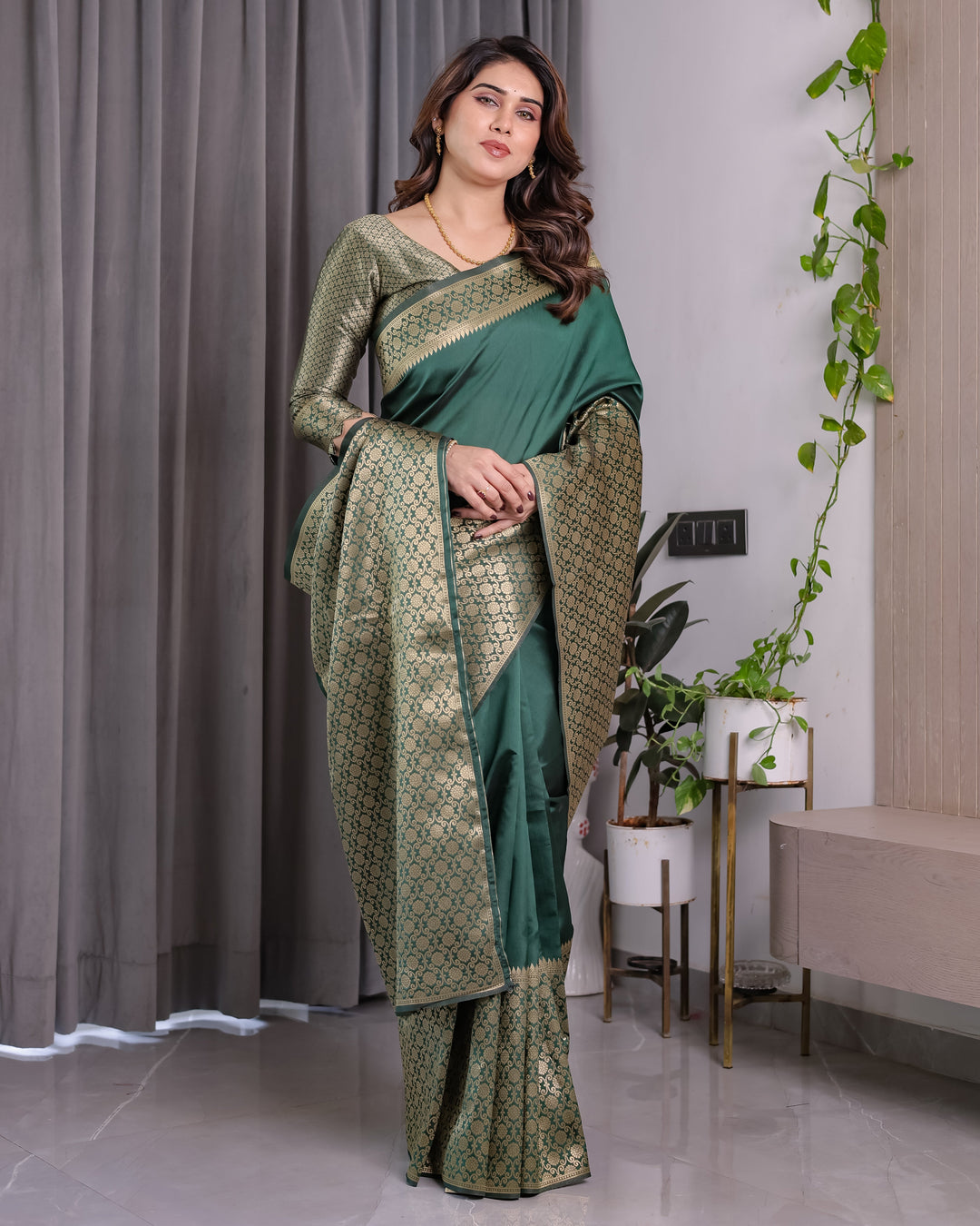 Bottle Green Pure Kanjivaram Silk Saree with All-Over Golden Jacquard Weaving & Designer Blouse | 5.5m Saree + 0.8m Blouse Piece