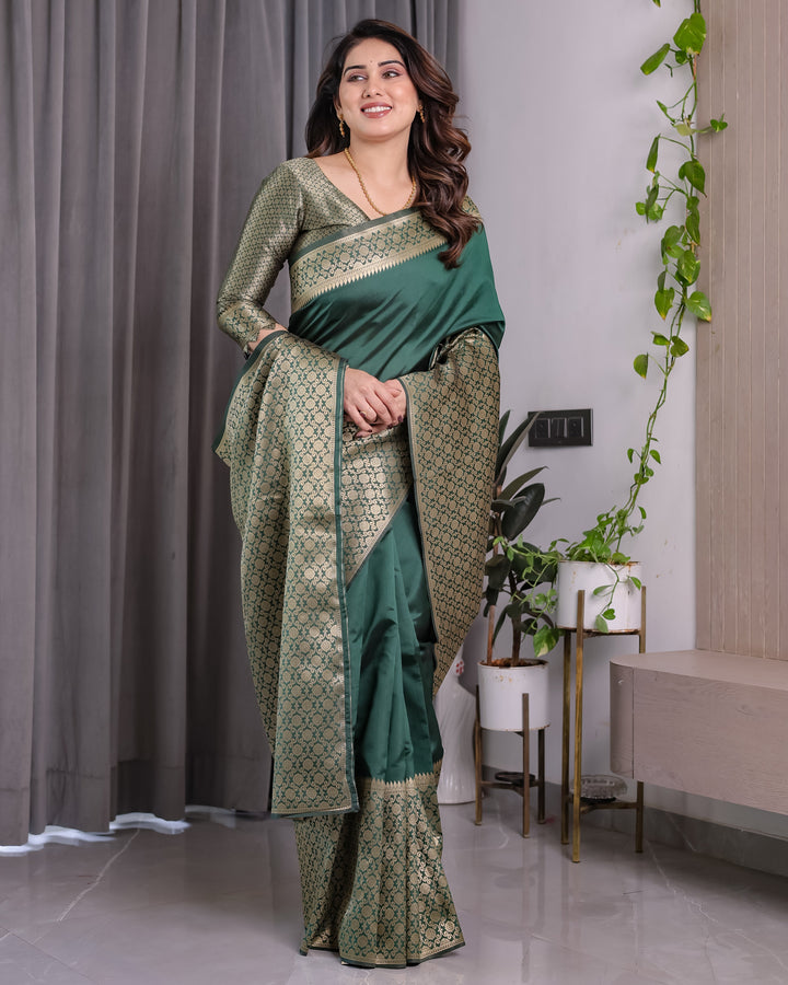 Bottle Green Pure Kanjivaram Silk Saree with All-Over Golden Jacquard Weaving & Designer Blouse | 5.5m Saree + 0.8m Blouse Piece
