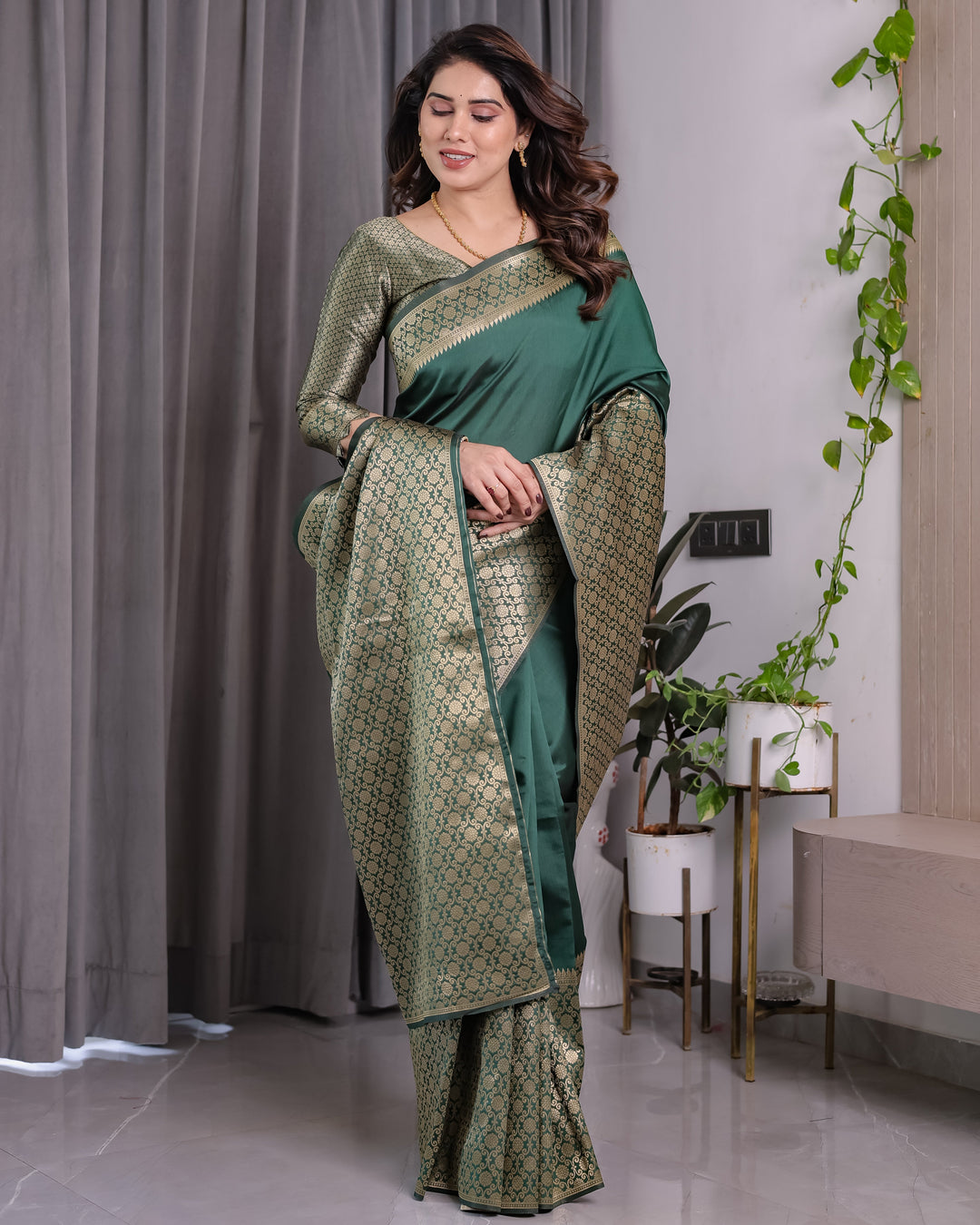 Bottle Green Pure Kanjivaram Silk Saree with All-Over Golden Jacquard Weaving & Designer Blouse | 5.5m Saree + 0.8m Blouse Piece