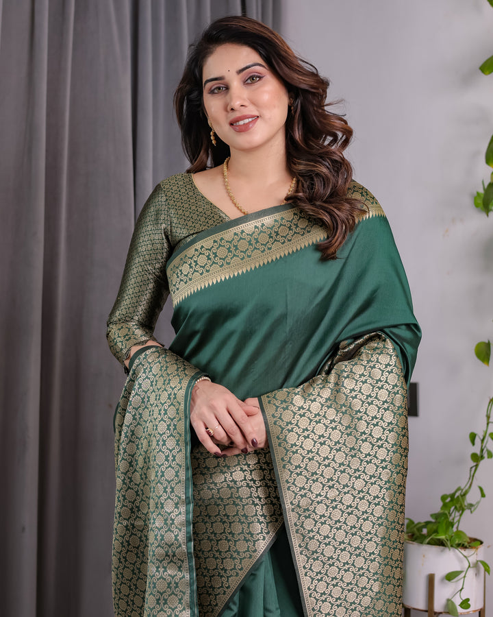 Bottle Green Pure Kanjivaram Silk Saree with All-Over Golden Jacquard Weaving & Designer Blouse | 5.5m Saree + 0.8m Blouse Piece