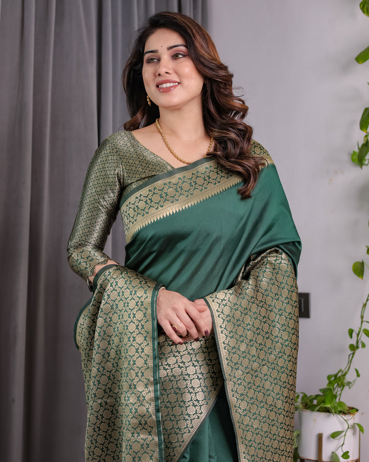 Bottle Green Pure Kanjivaram Silk Saree with All-Over Golden Jacquard Weaving & Designer Blouse | 5.5m Saree + 0.8m Blouse Piece