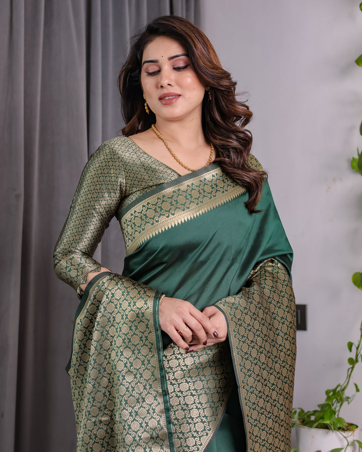 Bottle Green Pure Kanjivaram Silk Saree with All-Over Golden Jacquard Weaving & Designer Blouse | 5.5m Saree + 0.8m Blouse Piece