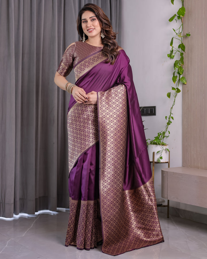 Plum Purple Pure Kanjivaram Silk Saree with Antique Gold Jacquard Pallu & Designer Blouse | 5.5m Saree + 0.8m Blouse Piece
