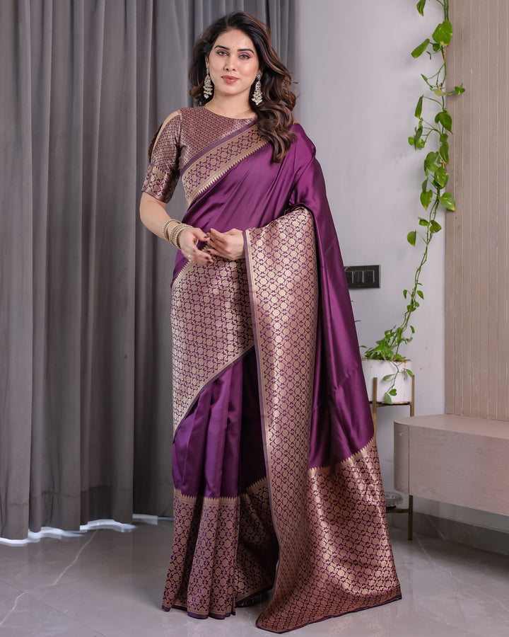 Plum Purple Pure Kanjivaram Silk Saree with Antique Gold Jacquard Pallu & Designer Blouse | 5.5m Saree + 0.8m Blouse Piece