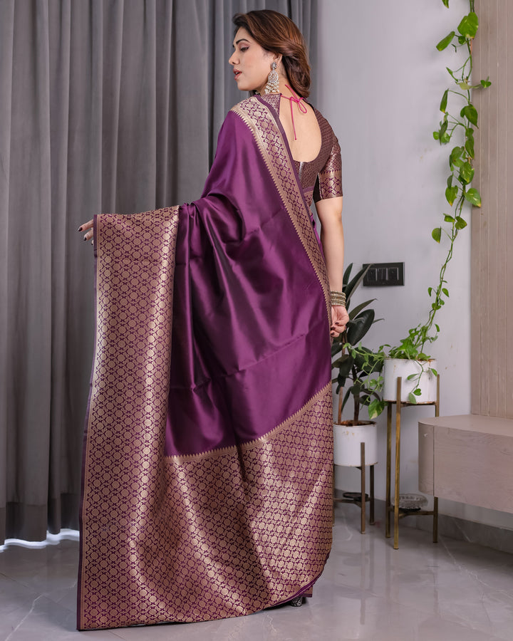 Plum Purple Pure Kanjivaram Silk Saree with Antique Gold Jacquard Pallu & Designer Blouse | 5.5m Saree + 0.8m Blouse Piece