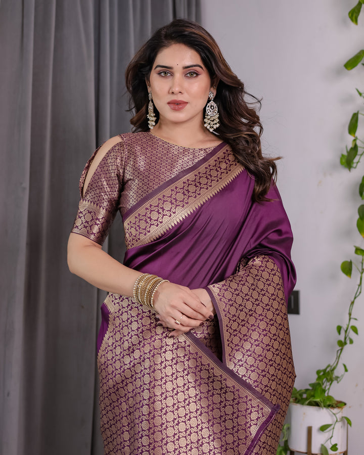 Plum Purple Pure Kanjivaram Silk Saree with Antique Gold Jacquard Pallu & Designer Blouse | 5.5m Saree + 0.8m Blouse Piece