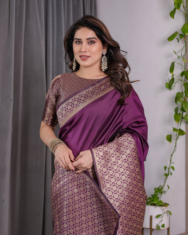 Plum Purple Pure Kanjivaram Silk Saree with Antique Gold Jacquard Pallu & Designer Blouse | 5.5m Saree + 0.8m Blouse Piece