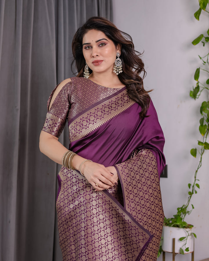 Plum Purple Pure Kanjivaram Silk Saree with Antique Gold Jacquard Pallu & Designer Blouse | 5.5m Saree + 0.8m Blouse Piece