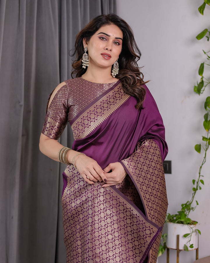 Plum Purple Pure Kanjivaram Silk Saree with Antique Gold Jacquard Pallu & Designer Blouse | 5.5m Saree + 0.8m Blouse Piece