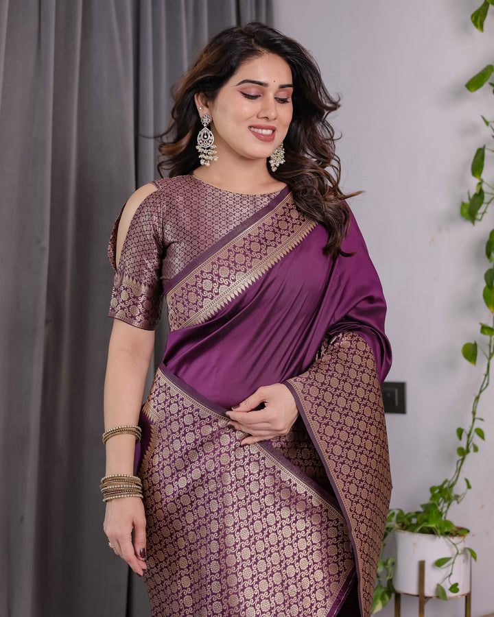 Plum Purple Pure Kanjivaram Silk Saree with Antique Gold Jacquard Pallu & Designer Blouse | 5.5m Saree + 0.8m Blouse Piece