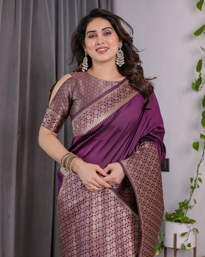 Plum Purple Pure Kanjivaram Silk Saree with Antique Gold Jacquard Pallu & Designer Blouse | 5.5m Saree + 0.8m Blouse Piece