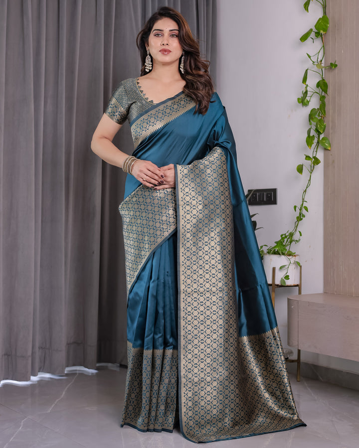 Teal Blue Pure Kanjivaram Silk Saree with Gold Woven Jacquard Border & Designer Blouse | 5.5m Saree + 0.8m Blouse Piece