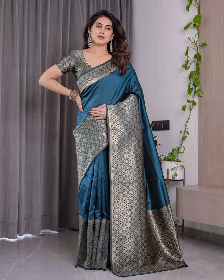 Teal Blue Pure Kanjivaram Silk Saree with Gold Woven Jacquard Border & Designer Blouse | 5.5m Saree + 0.8m Blouse Piece