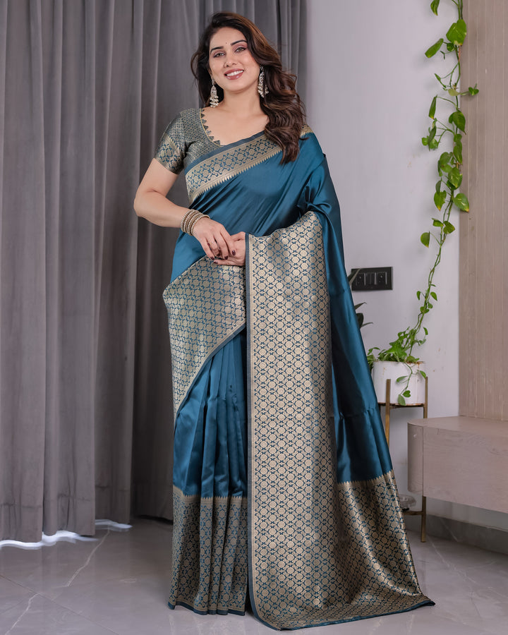 Teal Blue Pure Kanjivaram Silk Saree with Gold Woven Jacquard Border & Designer Blouse | 5.5m Saree + 0.8m Blouse Piece