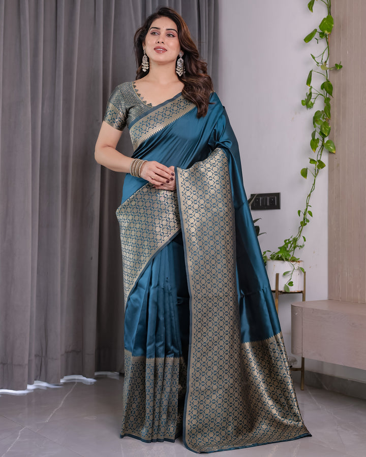 Teal Blue Pure Kanjivaram Silk Saree with Gold Woven Jacquard Border & Designer Blouse | 5.5m Saree + 0.8m Blouse Piece