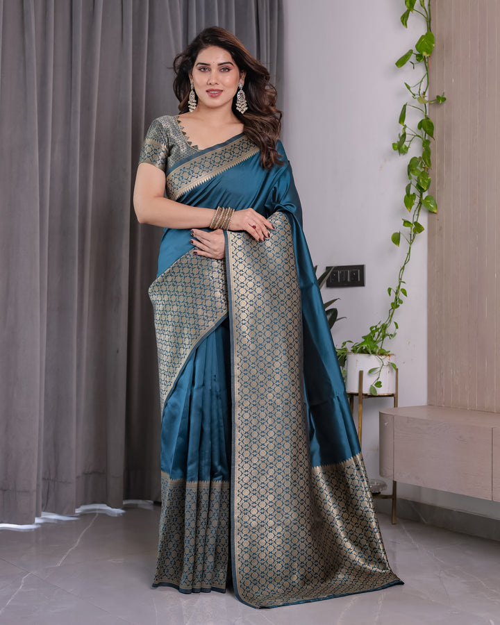 Teal Blue Pure Kanjivaram Silk Saree with Gold Woven Jacquard Border & Designer Blouse | 5.5m Saree + 0.8m Blouse Piece