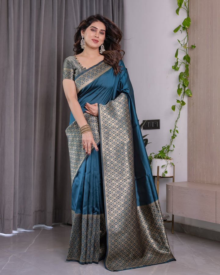 Teal Blue Pure Kanjivaram Silk Saree with Gold Woven Jacquard Border & Designer Blouse | 5.5m Saree + 0.8m Blouse Piece