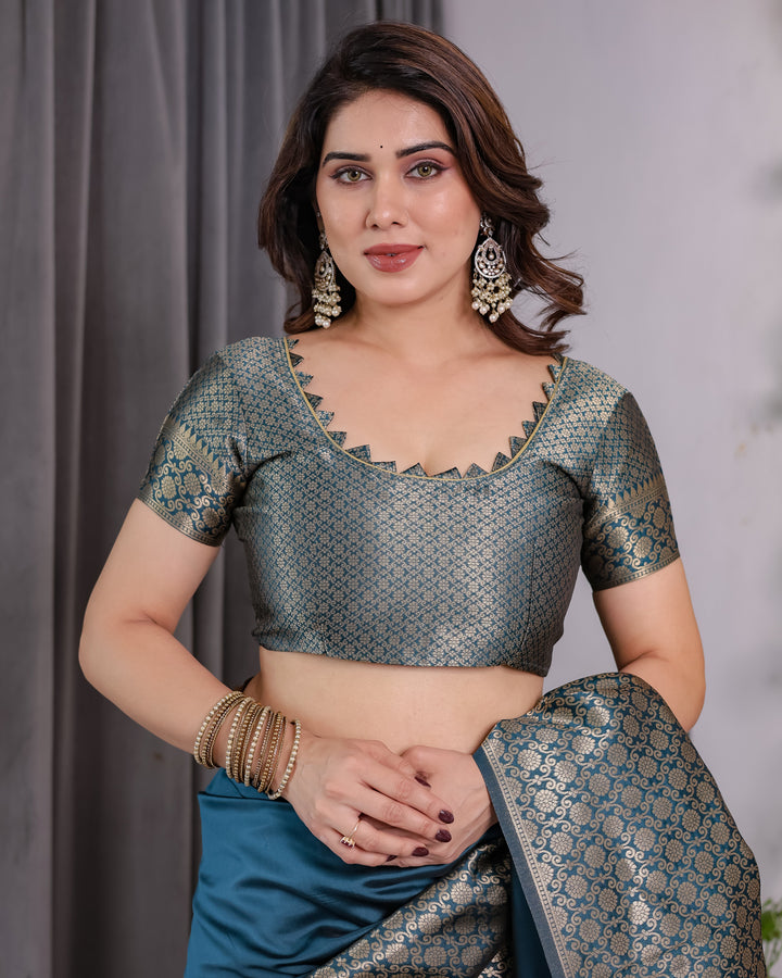 Teal Blue Pure Kanjivaram Silk Saree with Gold Woven Jacquard Border & Designer Blouse | 5.5m Saree + 0.8m Blouse Piece