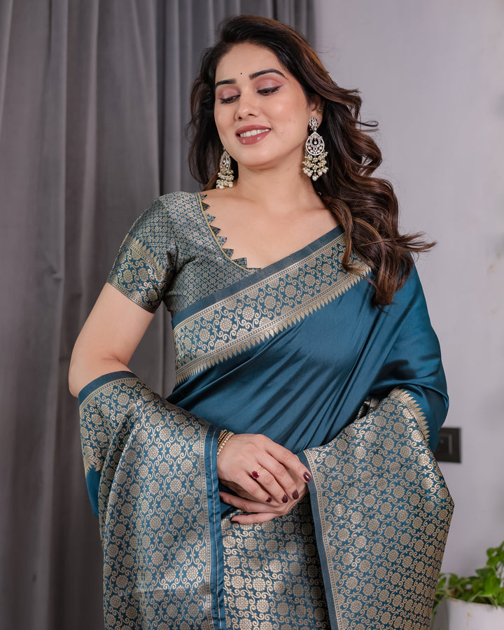 Teal Blue Pure Kanjivaram Silk Saree with Gold Woven Jacquard Border & Designer Blouse | 5.5m Saree + 0.8m Blouse Piece