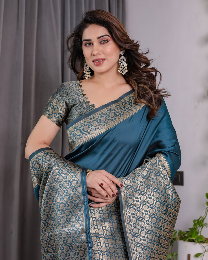 Teal Blue Pure Kanjivaram Silk Saree with Gold Woven Jacquard Border & Designer Blouse | 5.5m Saree + 0.8m Blouse Piece