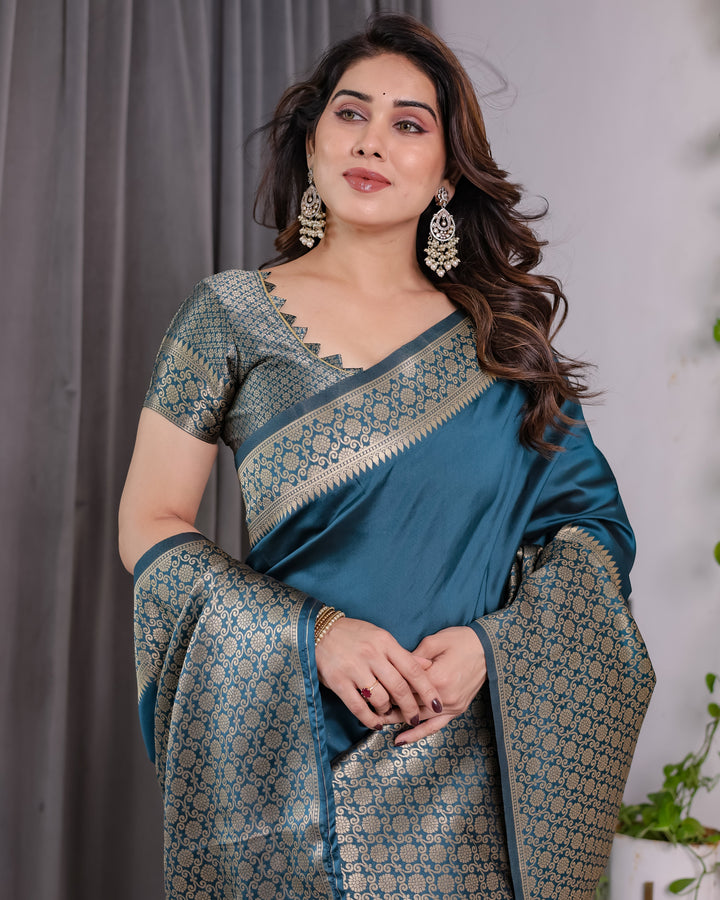 Teal Blue Pure Kanjivaram Silk Saree with Gold Woven Jacquard Border & Designer Blouse | 5.5m Saree + 0.8m Blouse Piece