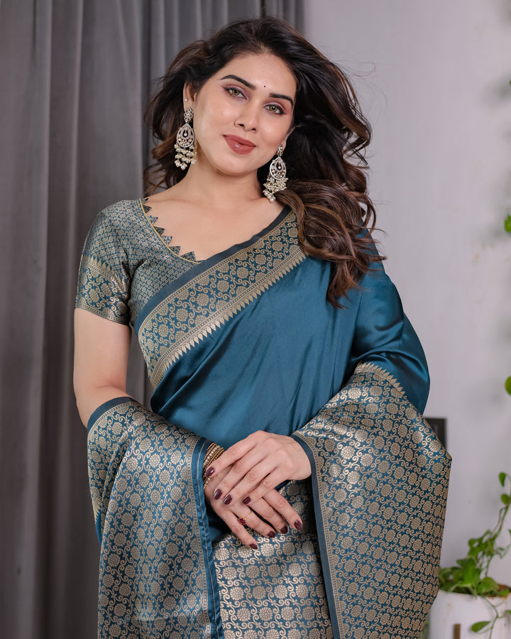 Teal Blue Pure Kanjivaram Silk Saree with Gold Woven Jacquard Border & Designer Blouse | 5.5m Saree + 0.8m Blouse Piece