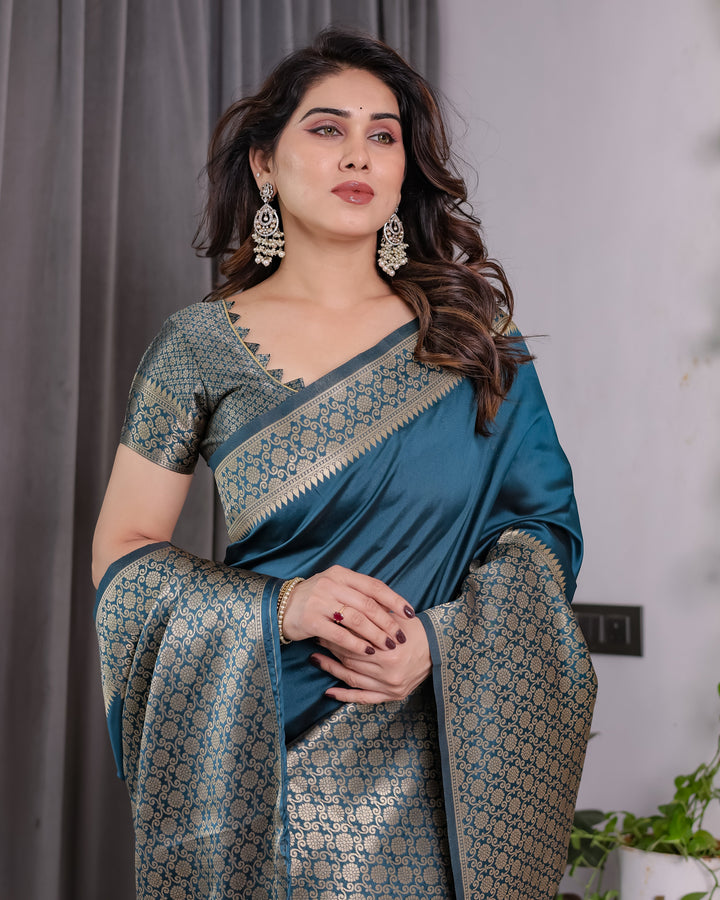 Teal Blue Pure Kanjivaram Silk Saree with Gold Woven Jacquard Border & Designer Blouse | 5.5m Saree + 0.8m Blouse Piece