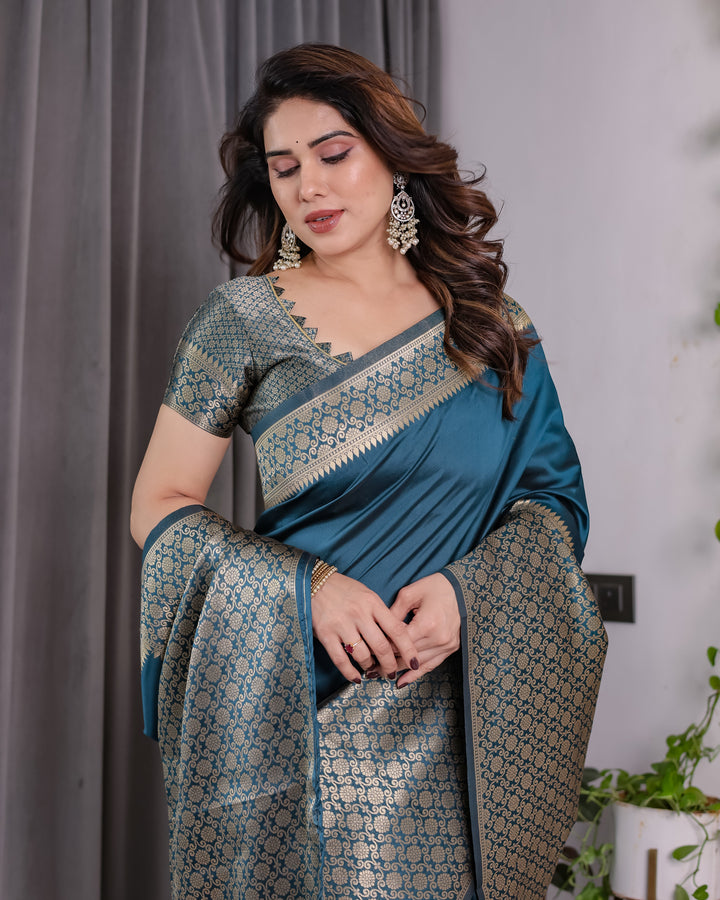 Teal Blue Pure Kanjivaram Silk Saree with Gold Woven Jacquard Border & Designer Blouse | 5.5m Saree + 0.8m Blouse Piece
