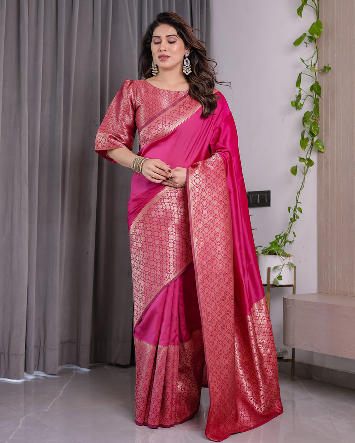 Pink Pure Kanjivaram Silk Saree with Gold Jacquard Border & Rich Woven Pallu | 5.5m Saree + 0.8m Designer Blouse Piece