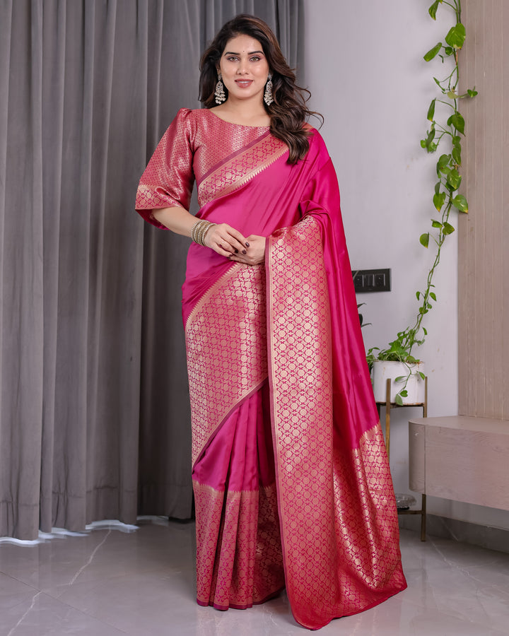 Pink Pure Kanjivaram Silk Saree with Gold Jacquard Border & Rich Woven Pallu | 5.5m Saree + 0.8m Designer Blouse Piece