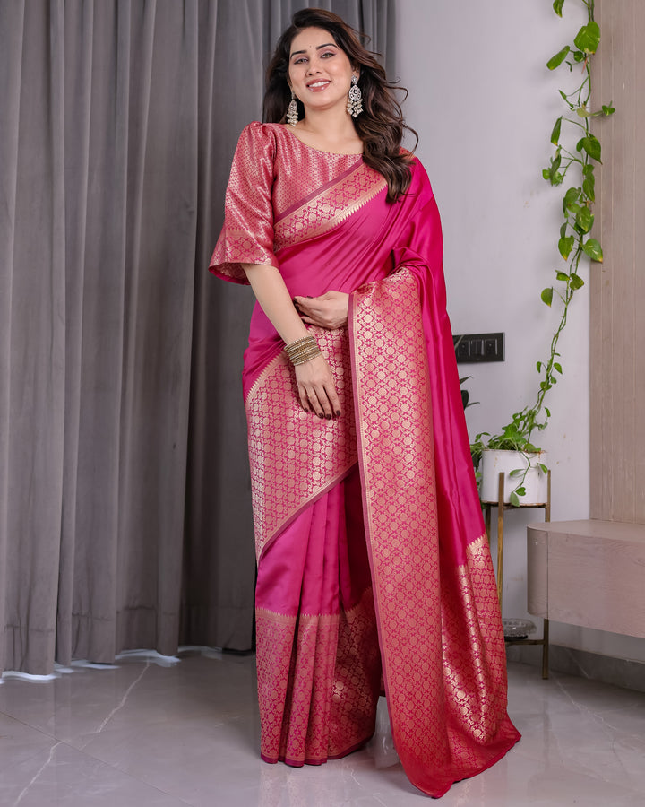 Pink Pure Kanjivaram Silk Saree with Gold Jacquard Border & Rich Woven Pallu | 5.5m Saree + 0.8m Designer Blouse Piece