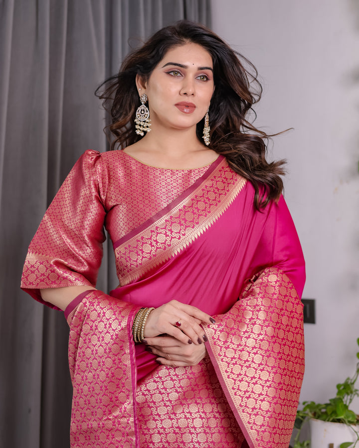 Pink Pure Kanjivaram Silk Saree with Gold Jacquard Border & Rich Woven Pallu | 5.5m Saree + 0.8m Designer Blouse Piece