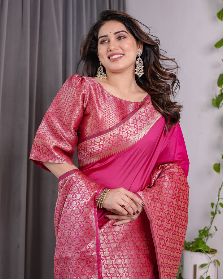 Pink Pure Kanjivaram Silk Saree with Gold Jacquard Border & Rich Woven Pallu | 5.5m Saree + 0.8m Designer Blouse Piece