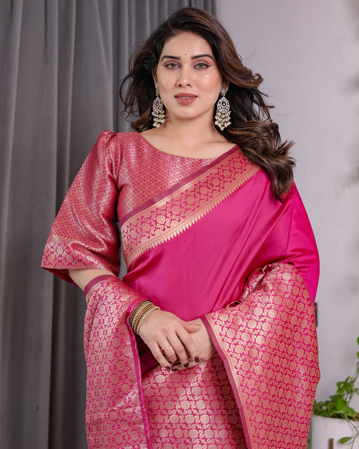 Pink Pure Kanjivaram Silk Saree with Gold Jacquard Border & Rich Woven Pallu | 5.5m Saree + 0.8m Designer Blouse Piece