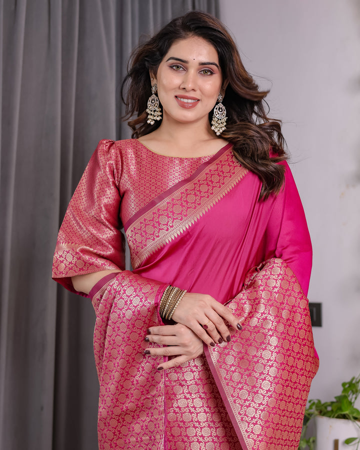 Pink Pure Kanjivaram Silk Saree with Gold Jacquard Border & Rich Woven Pallu | 5.5m Saree + 0.8m Designer Blouse Piece