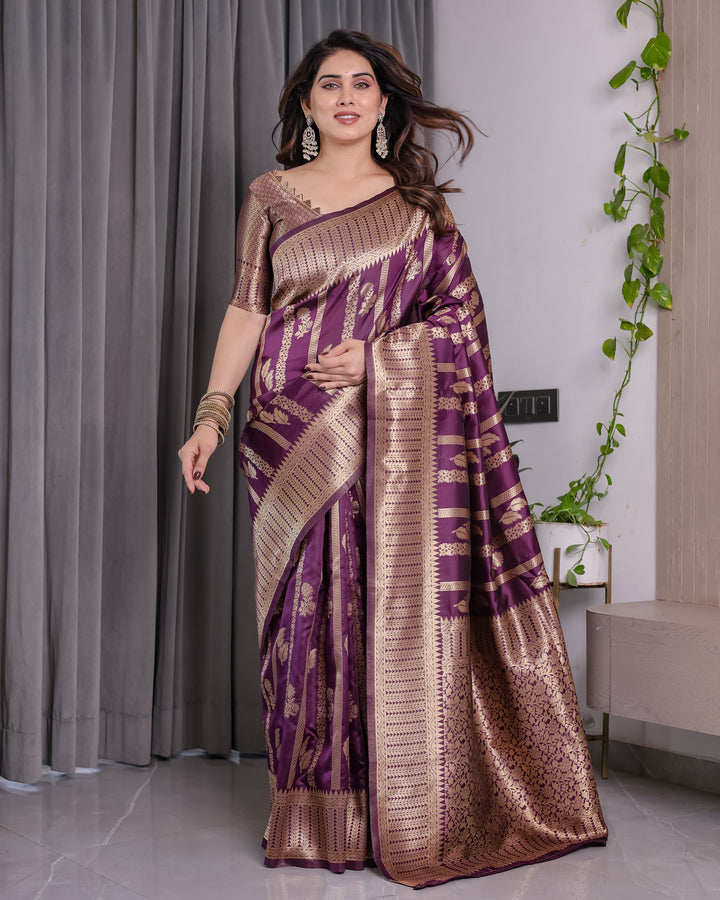 Majestic Purple Pure Kanjivaram Silk Saree with Gold Zari Striped Pallu & Traditional Brocade Border | 5.5m Saree + 0.8m Blouse