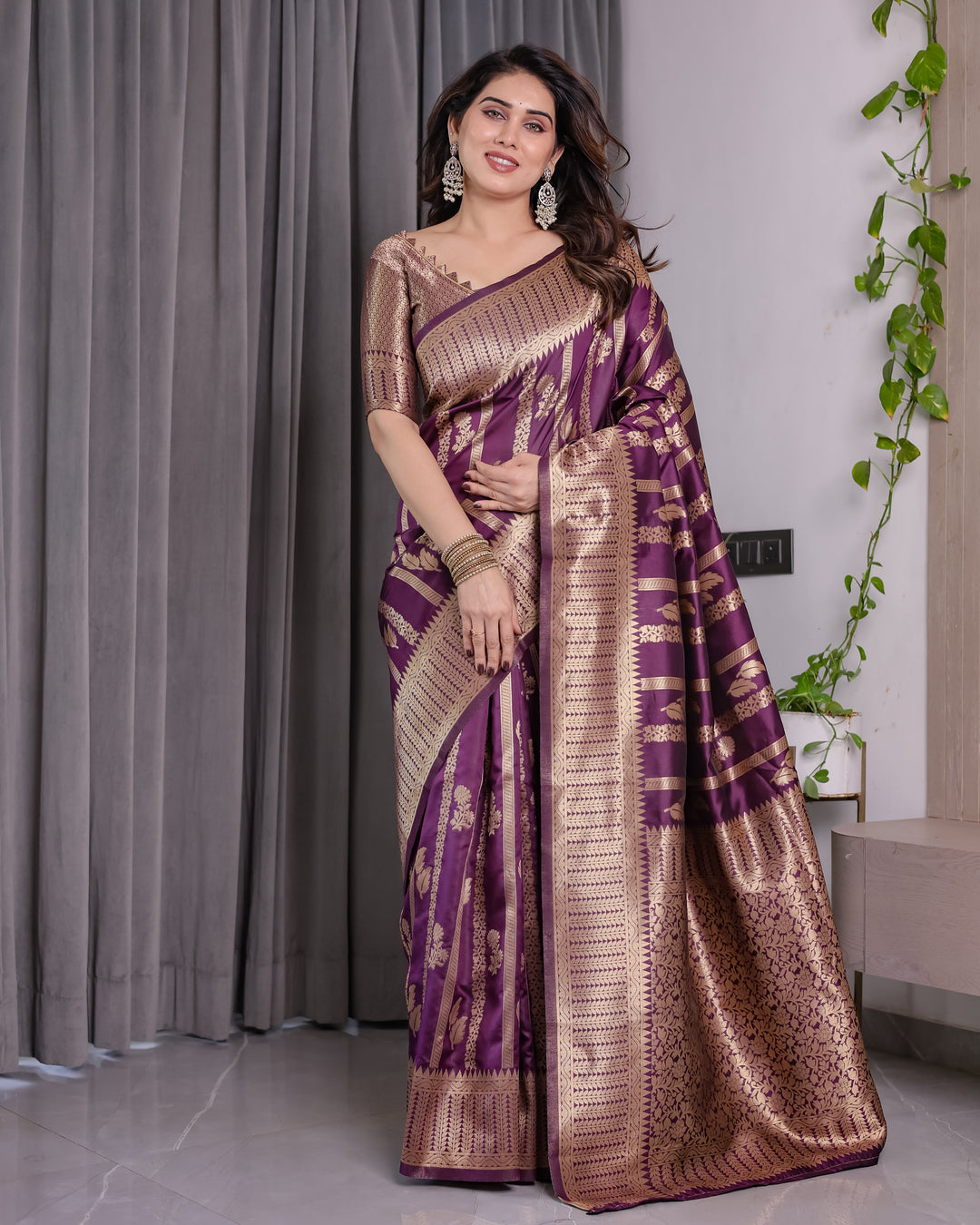 Majestic Purple Pure Kanjivaram Silk Saree with Gold Zari Striped Pallu & Traditional Brocade Border | 5.5m Saree + 0.8m Blouse