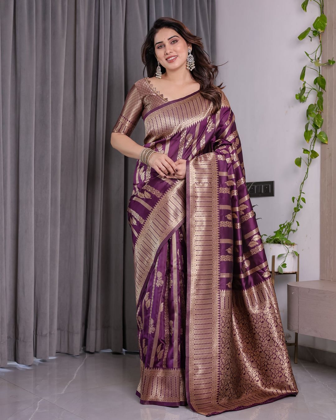 Majestic Purple Pure Kanjivaram Silk Saree with Gold Zari Striped Pallu & Traditional Brocade Border | 5.5m Saree + 0.8m Blouse