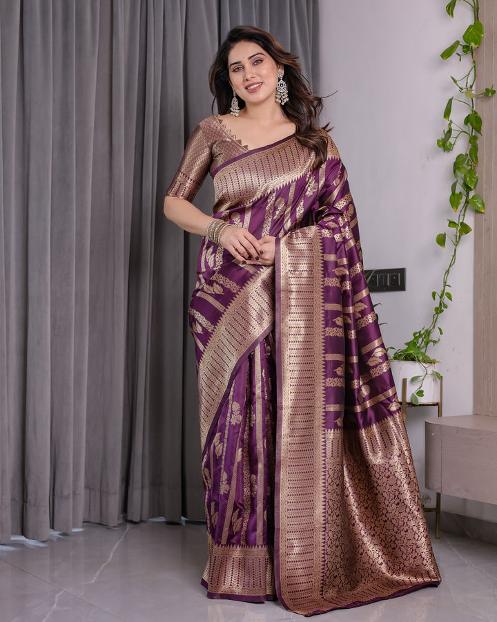 Majestic Purple Pure Kanjivaram Silk Saree with Gold Zari Striped Pallu & Traditional Brocade Border | 5.5m Saree + 0.8m Blouse